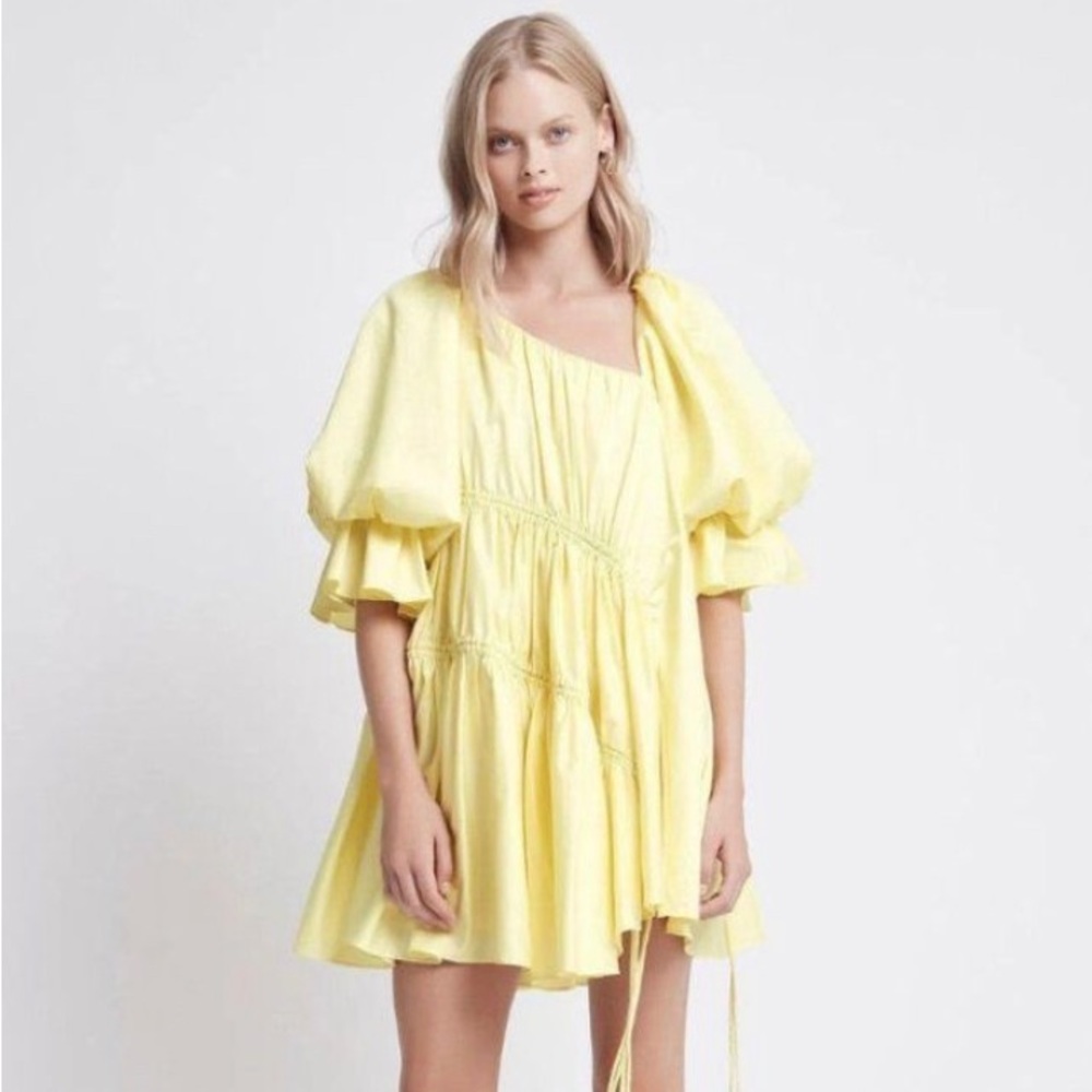 AJE Yellow Cotton Asymmetrical Mini Dress